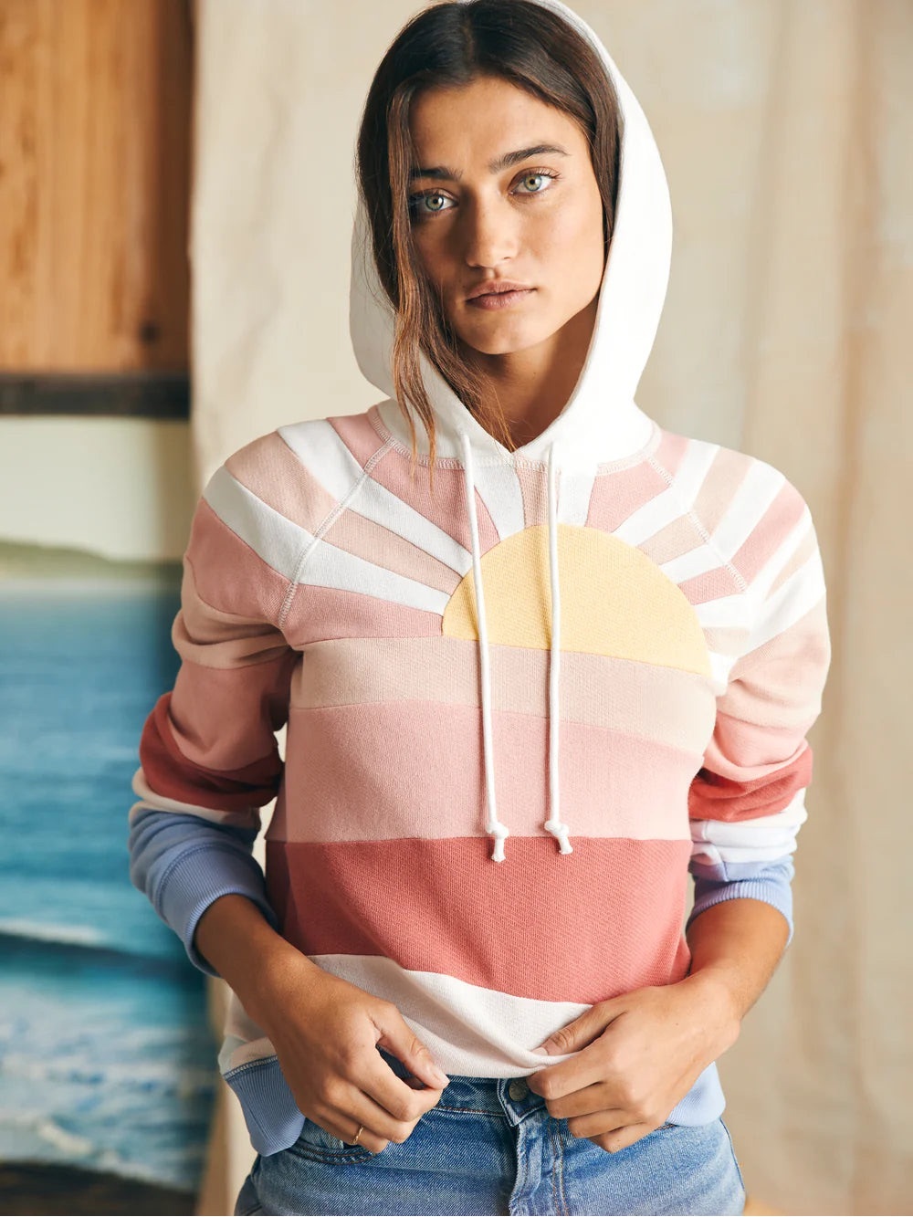 Faherty Soleil Hoodie Sweatshirt Lightweight French Terry Cream Size Large Sun